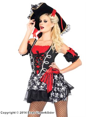 Weibliche Piratenkapitänin, Kostüm-Kleid, Schnürung, großes Schleife, Totenköpfen